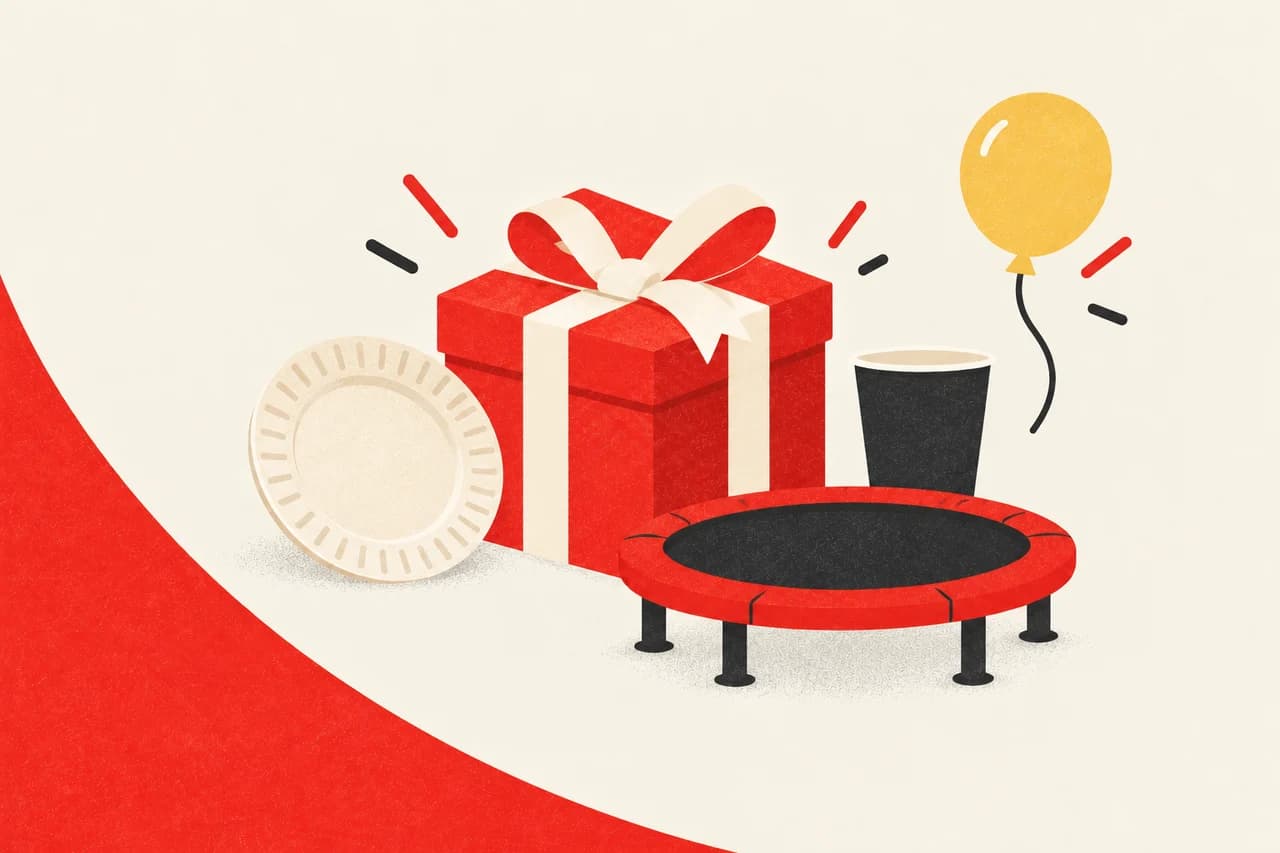 Ilustración de un regalo de cumpleaños, merienda y un trampolín
