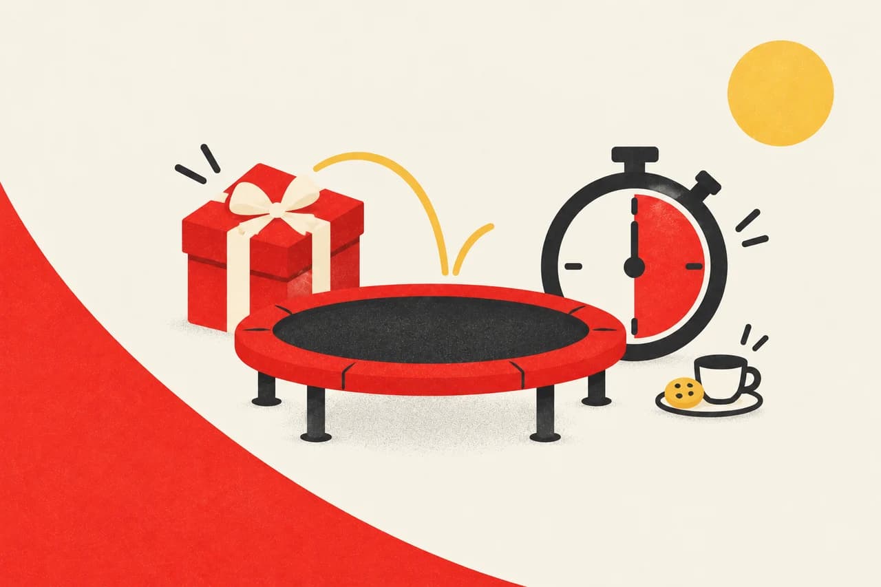 Ilustración de un regalo, un trampolín y tiempo adicional