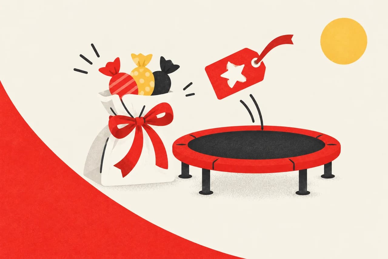 Ilustración de una bolsa de chuches y un trampolín