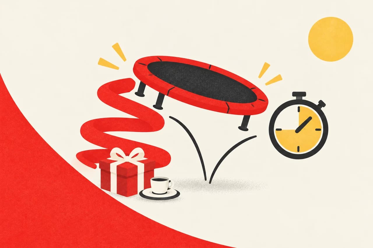 Ilustración de un trampolín, un regalo y una sesión más larga