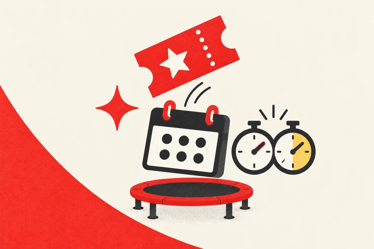 Ilustración de una entrada, un calendario y dos relojes